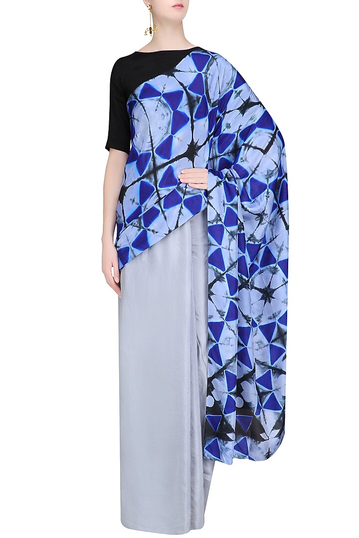 Grey, navy and black Pure silk Clamp dyed saree