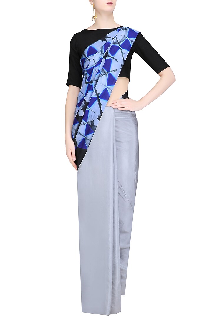 Grey, navy and black Pure silk Clamp dyed saree