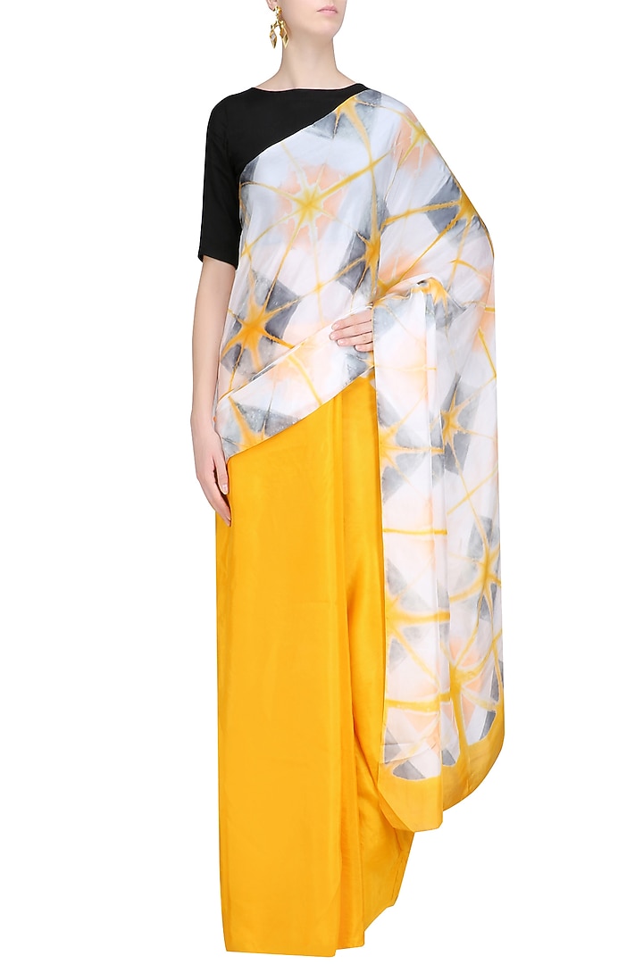Golden yellow and grey Pure silk Clamp dyed saree