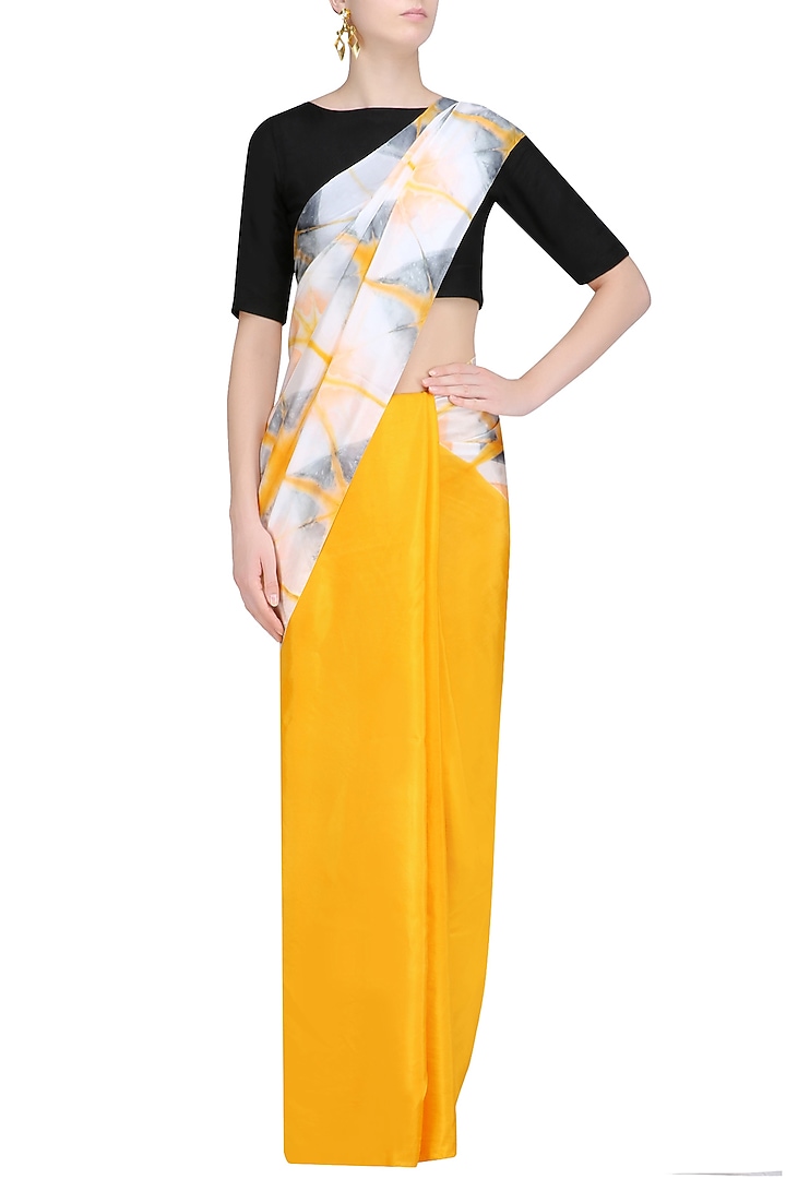 Golden yellow and grey Pure silk Clamp dyed saree