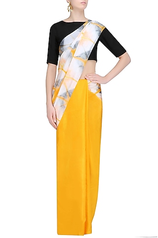 Golden Yellow and Grey Pure Silk Clamp Dyed Saree by RESHA