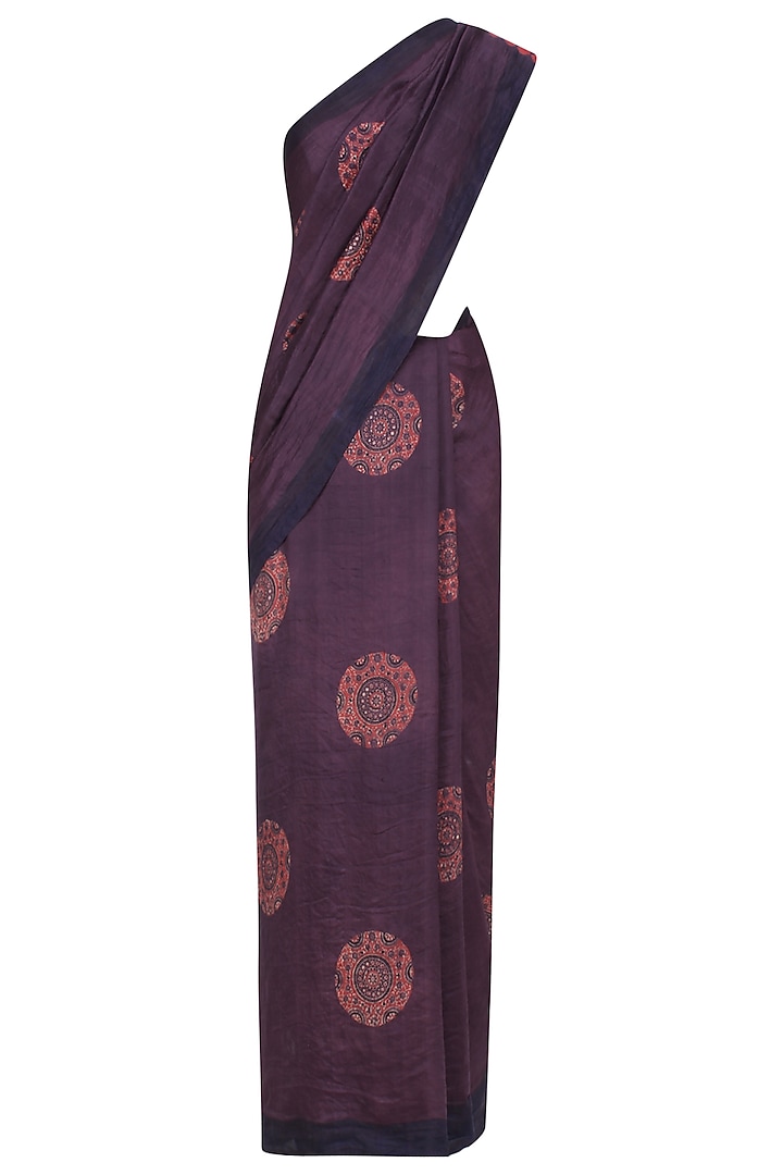 Purple, Indigo and Red Pure Silk Ajrakh Printed Saree by RESHA