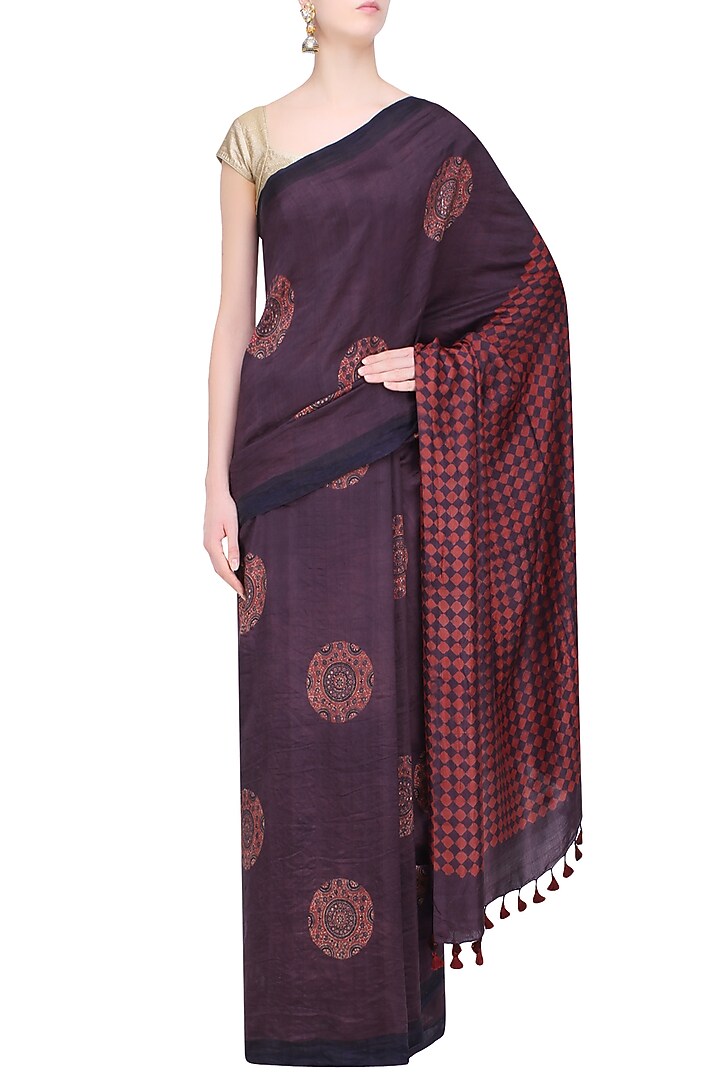 Purple, indigo and red Pure silk Ajrakh printed saree
