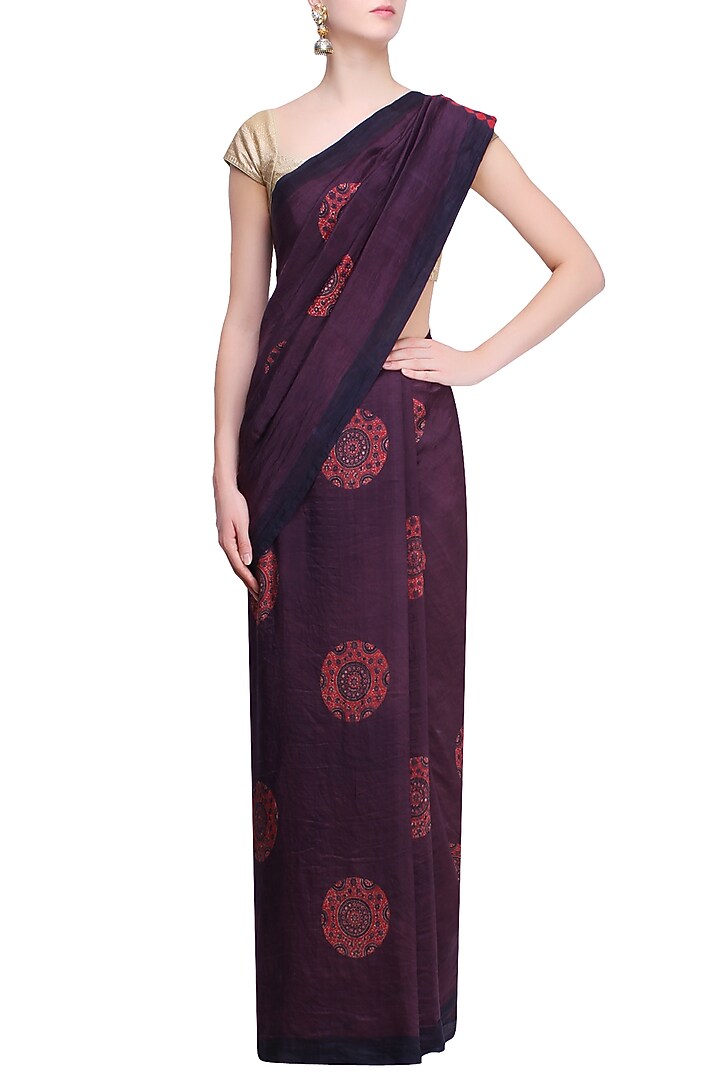 Purple, indigo and red Pure silk Ajrakh printed saree
