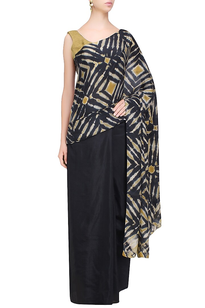 Black and khakhi Pure silk Clamp dyed saree