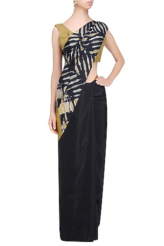 Black and Khakhi Pure Silk Clamp Dyed Saree by RESHA