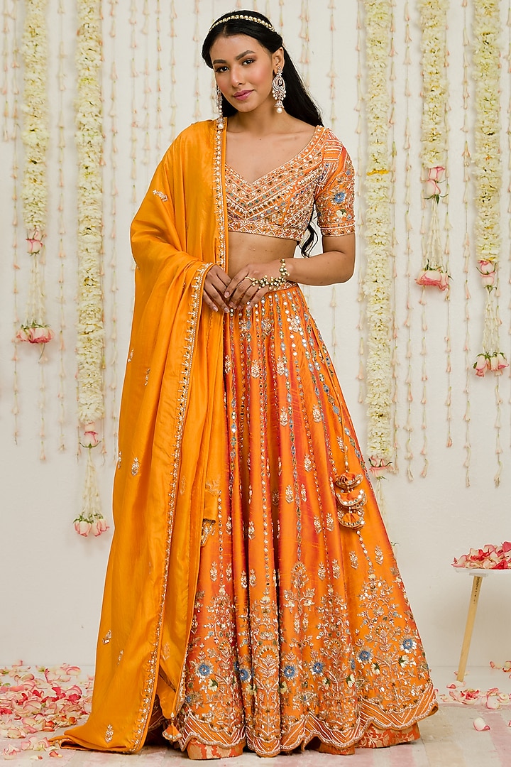 Rust Orange Embroidered Lehenga Set by Sanya Gulati