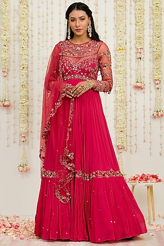 Carrot Red Embroidered Anarkali Set by Sanya Gulati
