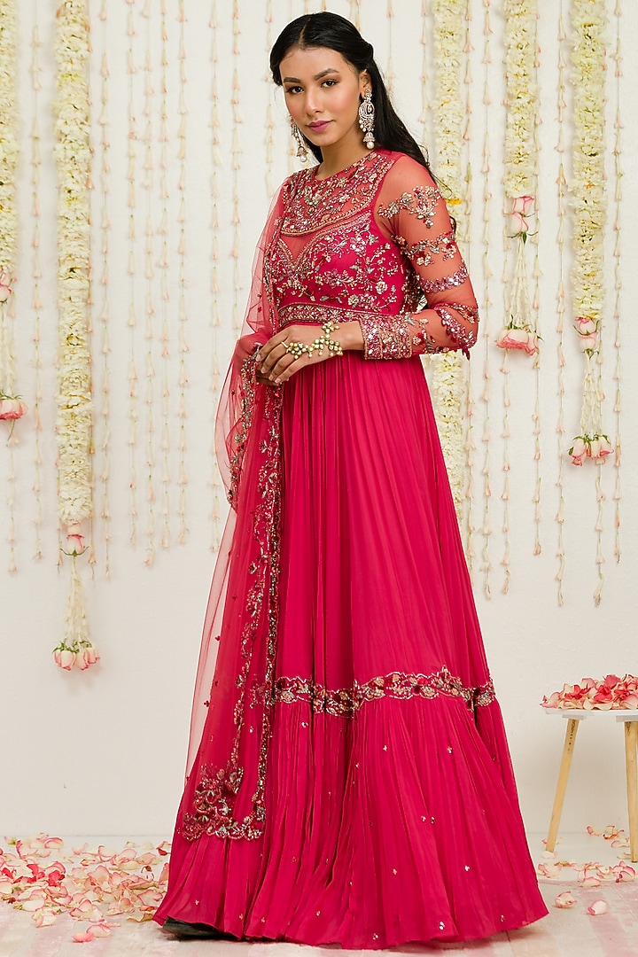 Carrot Red Embroidered Bridal Anarkali Set by Sanya Gulati at Pernia's Pop Up Shop