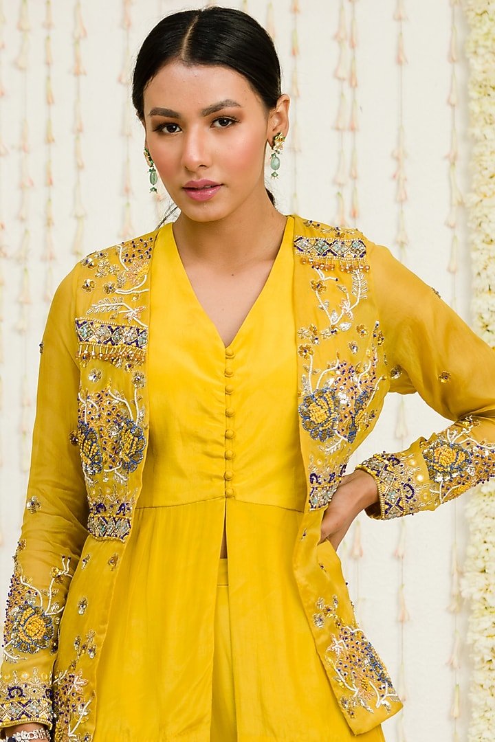 Mustard Embroidered Jacket Set by Sanya Gulati at Pernia's Pop Up Shop