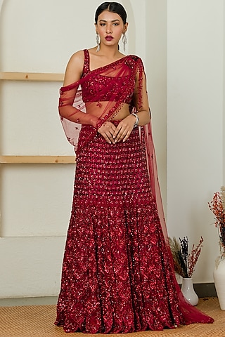 Red Net Embroidered Lehenga Set by Sanya Gulati