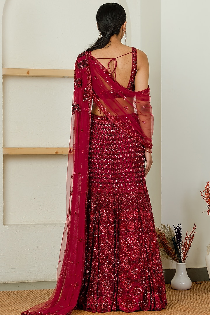 Red Net Embroidered Bridal Lehenga Set by Sanya Gulati at Pernia's Pop Up Shop