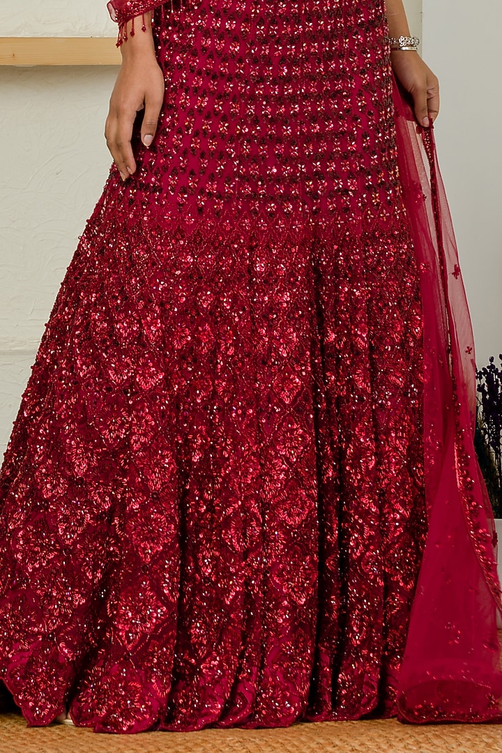 Red Net Embroidered Bridal Lehenga Set by Sanya Gulati at Pernia's Pop Up Shop