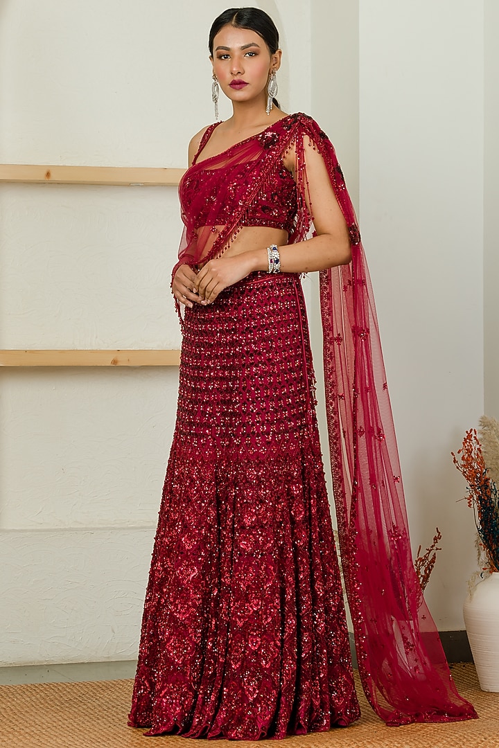 Red Net Embroidered Bridal Lehenga Set by Sanya Gulati at Pernia's Pop Up Shop