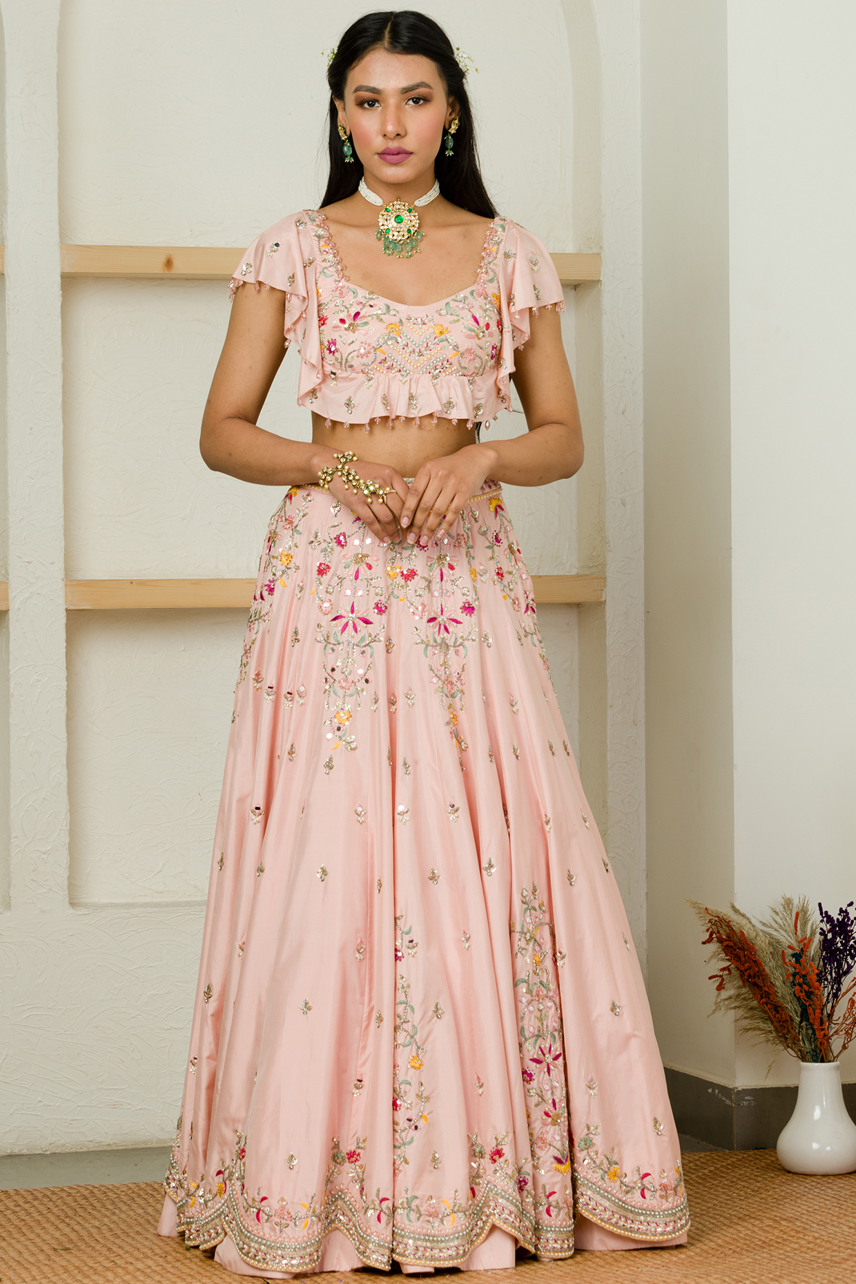 Soft Pink Embroidered Bridal Lehenga Set by Sanya Gulati at Pernia's Pop Up Shop
