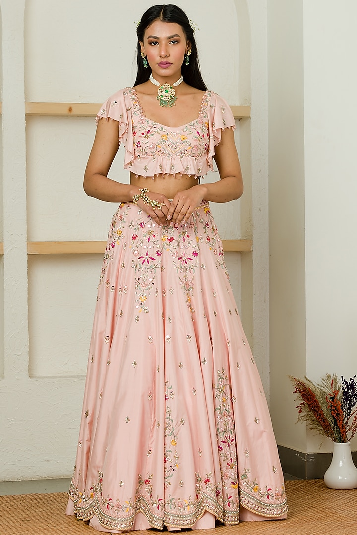Soft Pink Embroidered Bridal Lehenga Set by Sanya Gulati at Pernia's Pop Up Shop
