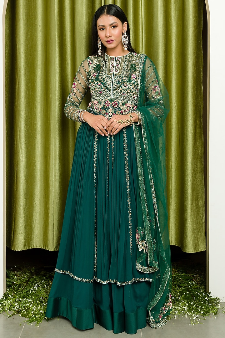Teal Green Embroidered Jacket Set by Sanya Gulati at Pernia's Pop Up Shop