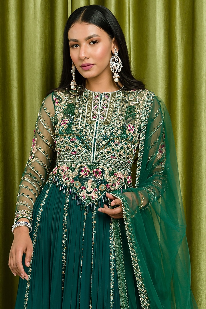 Teal Green Embroidered Jacket Set by Sanya Gulati at Pernia's Pop Up Shop