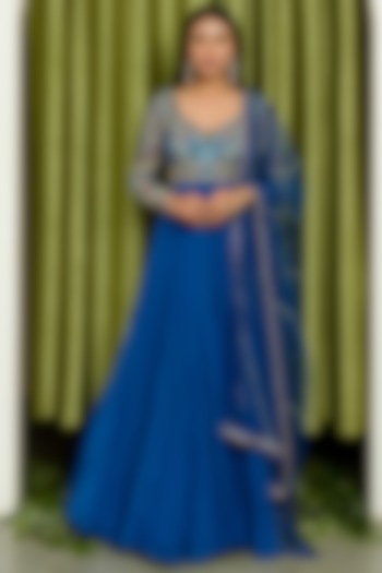Ink Blue Embroidered Bridal Anarkali Set by Sanya Gulati at Pernia's Pop Up Shop
