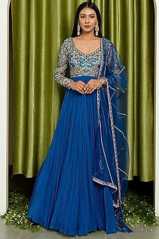 Ink Blue Embroidered Anarkali Set by Sanya Gulati