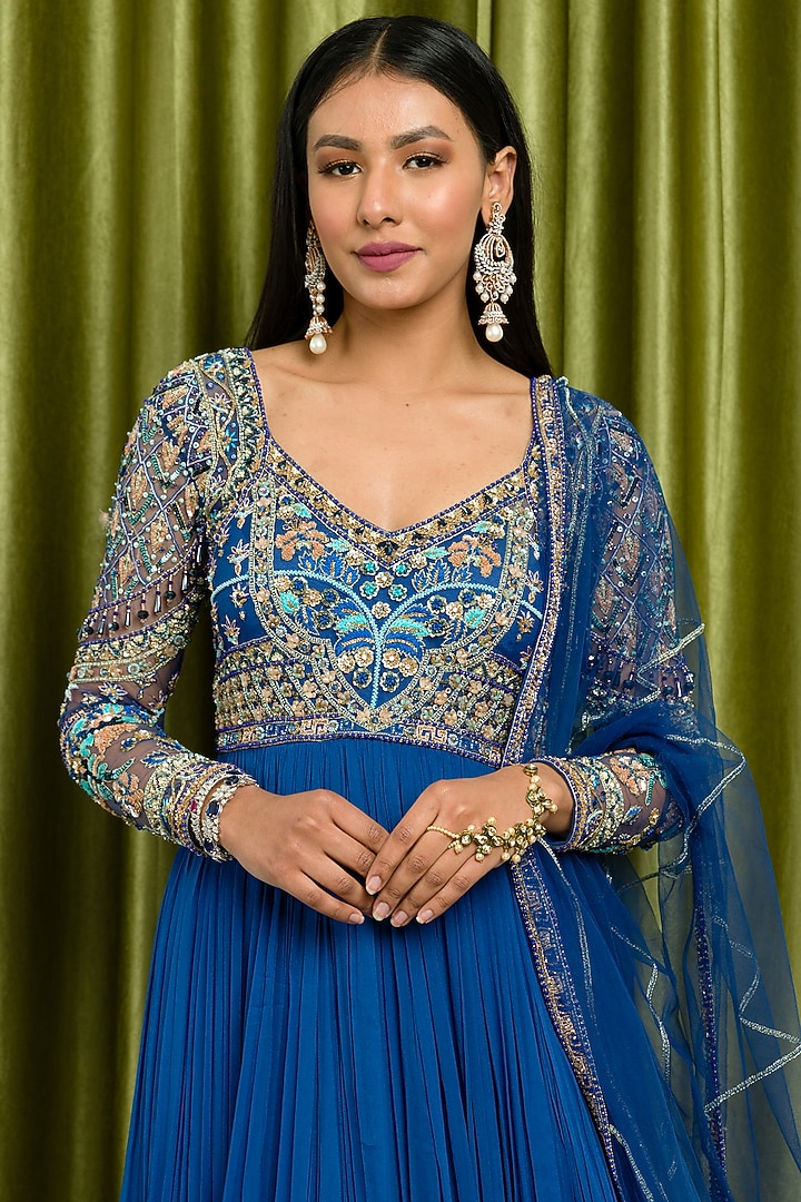 Ink Blue Embroidered Bridal Anarkali Set by Sanya Gulati at Pernia's Pop Up Shop