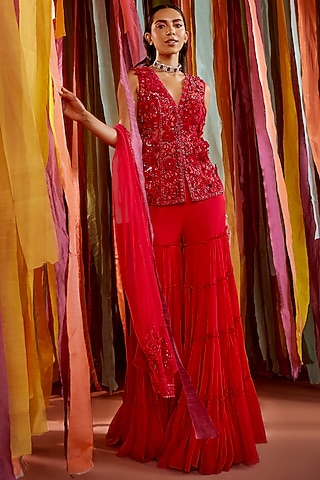 Hot Pink Georgette Tiered Sharara Set by Sanya Gulati