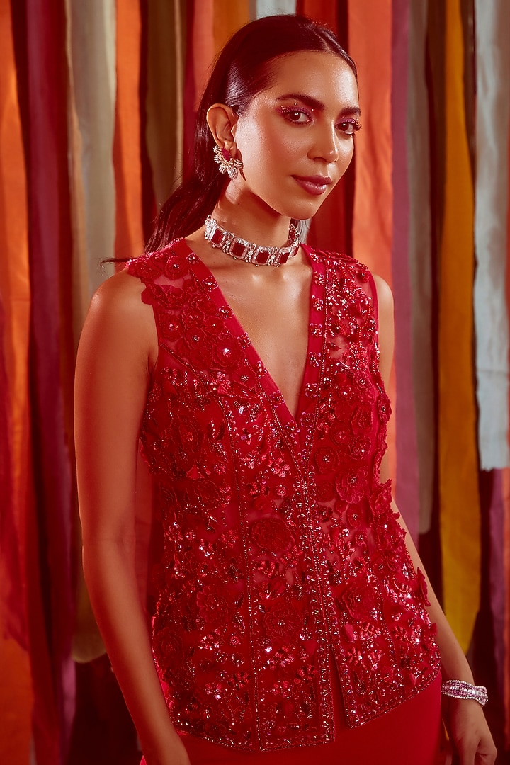 Hot Pink Georgette Tiered Bridal Sharara Set by Sanya Gulati at Pernia's Pop Up Shop