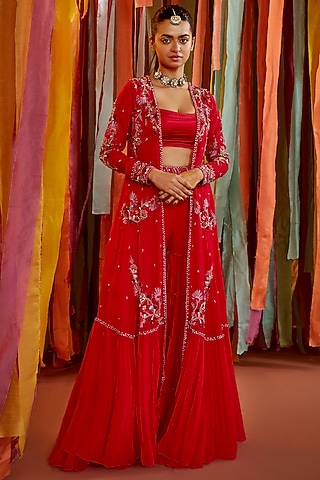 Hot Pink Georgette Embroidered Cape Set by Sanya Gulati