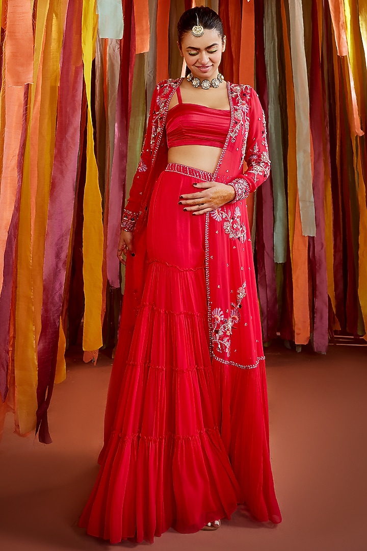 Hot Pink Georgette Embroidered Cape Set by Sanya Gulati at Pernia's Pop Up Shop