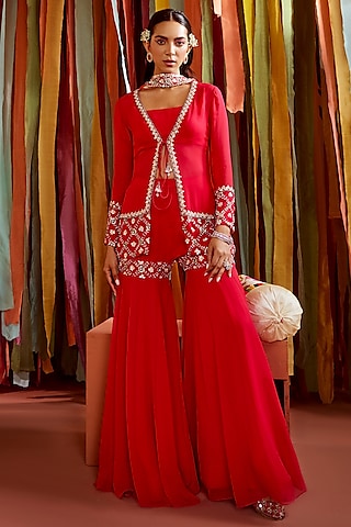 Hot Pink Georgette Embroidered Jacket Set by Sanya Gulati