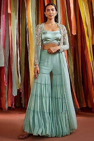 Mint Green Georgette Embroidered Cape Set by Sanya Gulati