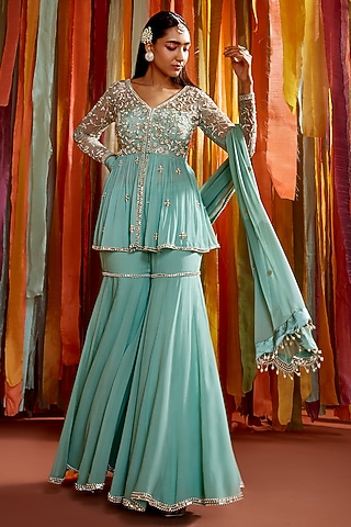 Mint Green Net & Georgette Sharara Set by Sanya Gulati
