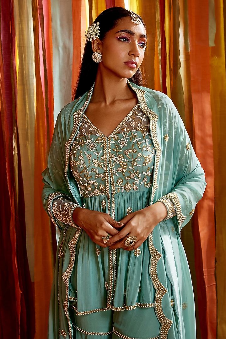 Mint Green Net & Georgette Wedding Sharara Set by Sanya Gulati at Pernia's Pop Up Shop