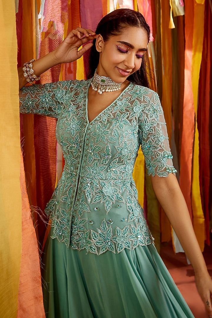 Mint Green Georgette Skirt Set by Sanya Gulati at Pernia's Pop Up Shop