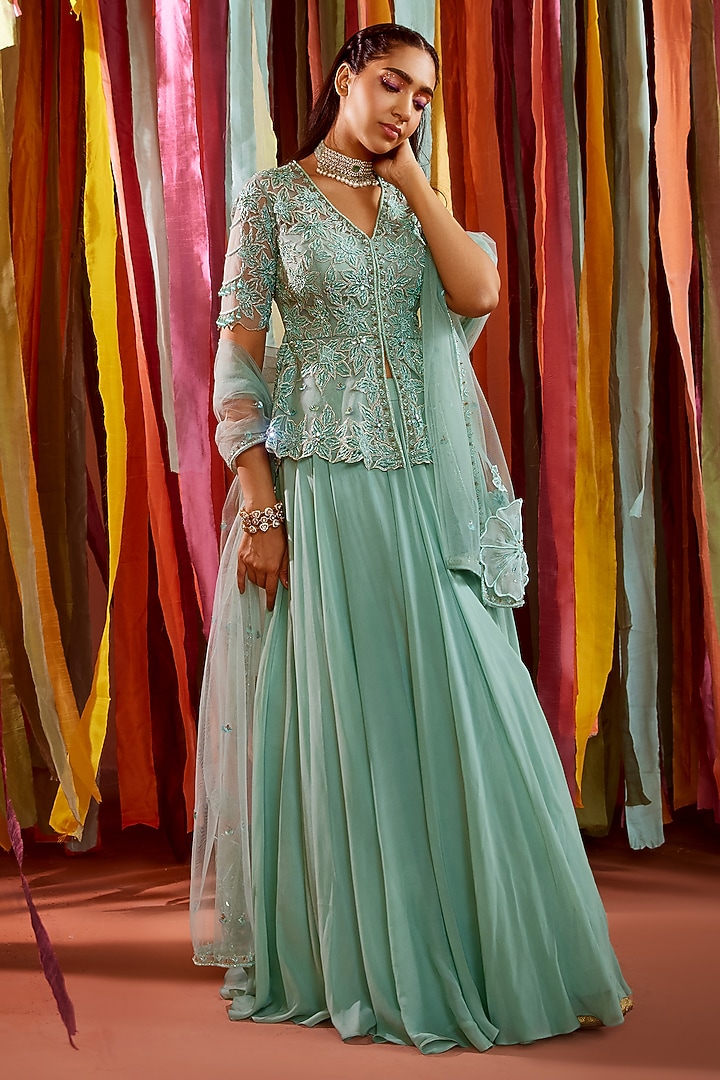 Mint Green Georgette Skirt Set by Sanya Gulati at Pernia's Pop Up Shop