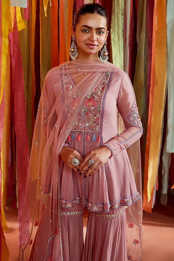 Mauve Georgette Wedding Sharara Set by Sanya Gulati at Pernia's Pop Up Shop