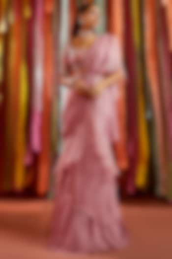 Mauve Georgette Pre-Draped Ruffle Saree Set by Sanya Gulati