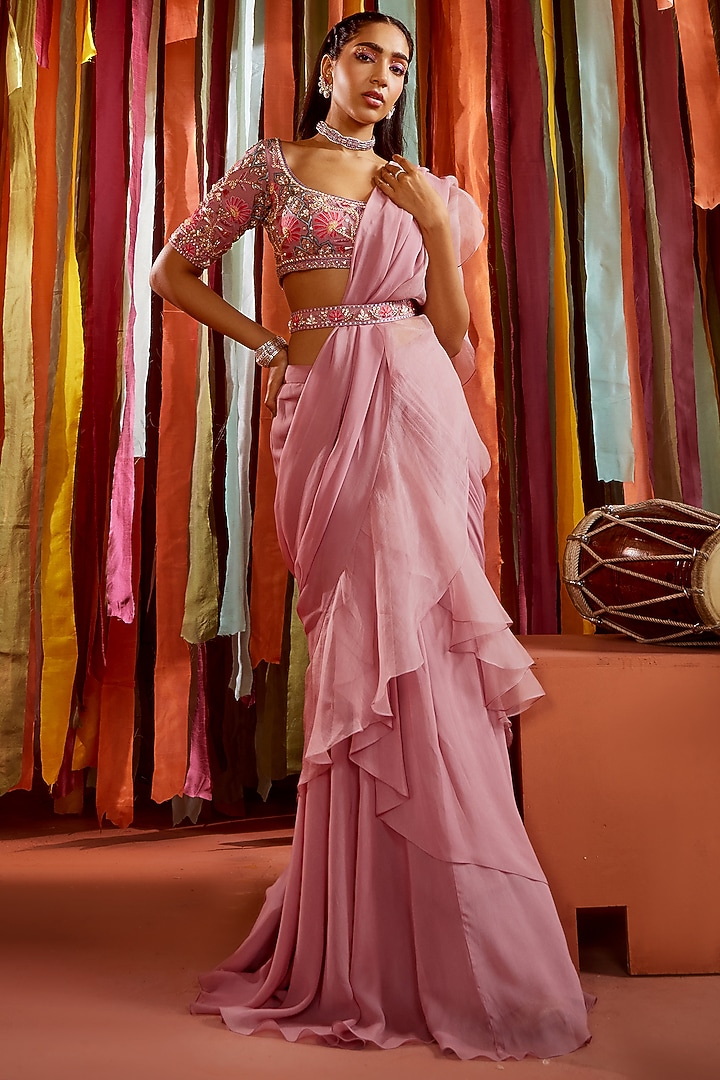 Mauve Georgette Pre-Draped Ruffle Wedding Saree Set by Sanya Gulati at Pernia's Pop Up Shop