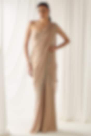 Beige Shimmer Georgette & Organza Pre-Draped Skirt Reception Saree Set by Sanya Gulati at Pernia's Pop Up Shop