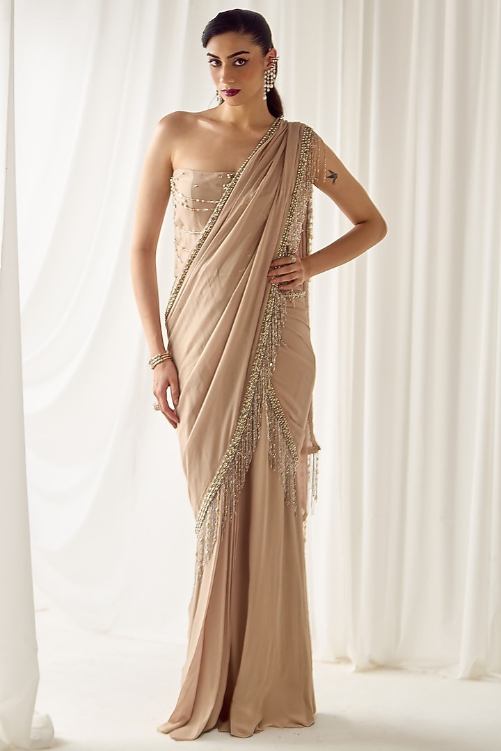 Beige Shimmer Georgette & Organza Pre-Draped Skirt Reception Saree Set by Sanya Gulati at Pernia's Pop Up Shop