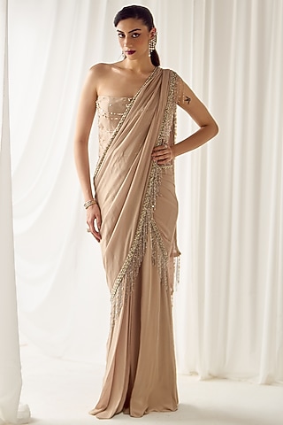 Beige Shimmer Georgette & Organza Pre-Draped Skirt Saree Set by Sanya Gulati