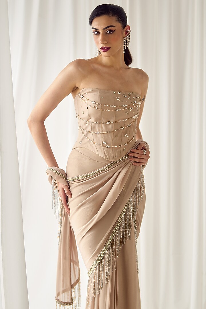 Beige Shimmer Georgette & Organza Pre-Draped Skirt Reception Saree Set by Sanya Gulati at Pernia's Pop Up Shop
