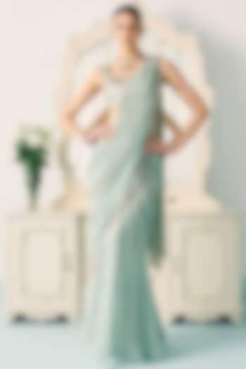 Aqua Green Georgette Bead Embellished Reception Saree Set by Sanya Gulati at Pernia's Pop Up Shop