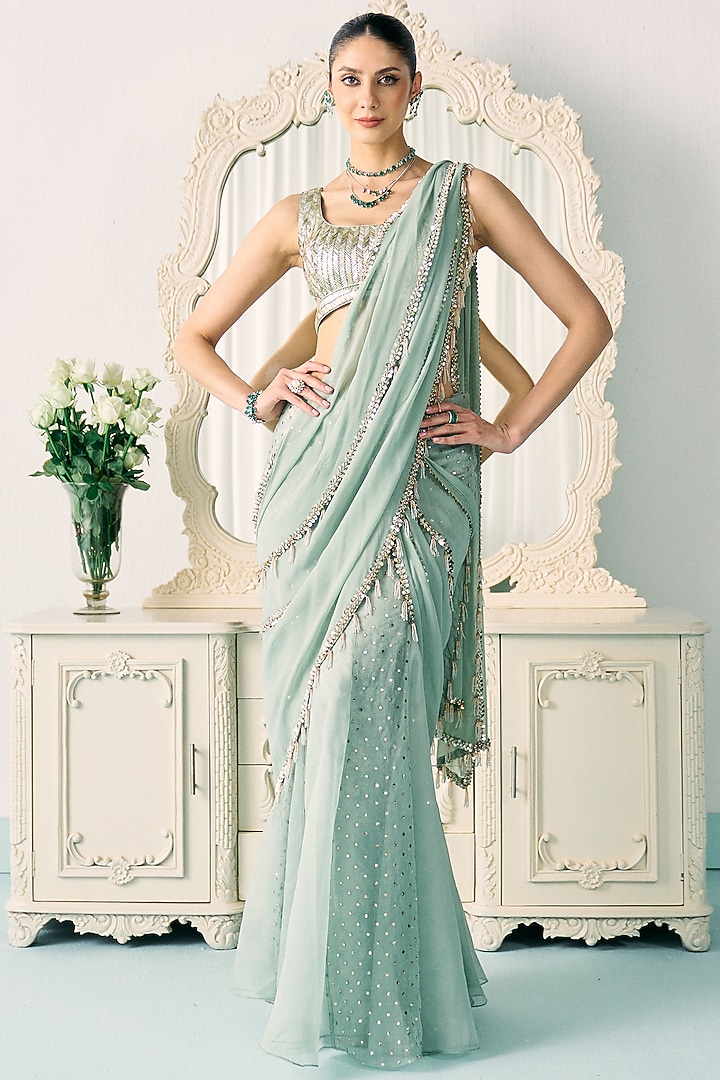 Aqua Green Georgette Bead Embellished Reception Saree Set by Sanya Gulati at Pernia's Pop Up Shop