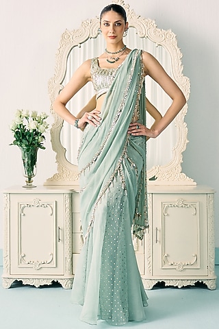 Aqua Green Georgette Bead Embellished Saree Set by Sanya Gulati