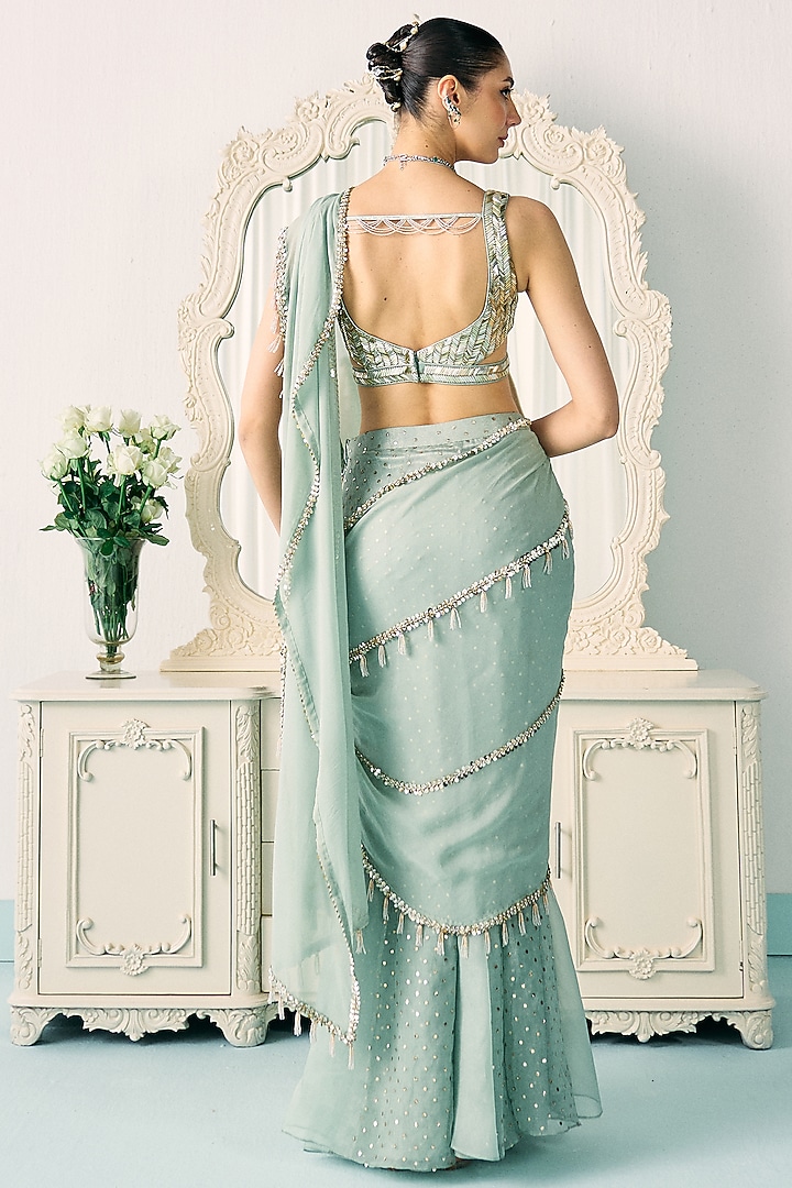Aqua Green Georgette Bead Embellished Reception Saree Set by Sanya Gulati at Pernia's Pop Up Shop
