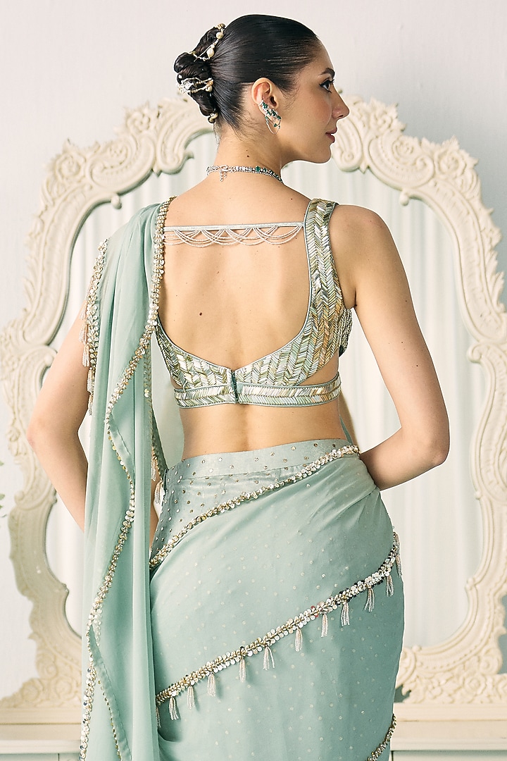 Aqua Green Georgette Bead Embellished Reception Saree Set by Sanya Gulati at Pernia's Pop Up Shop