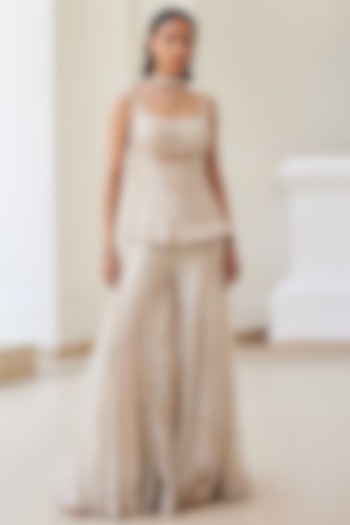 Ivory Gold Pure Silk Tissue Hand Embroidered Pant Set by Sanya Gulati at Pernia's Pop Up Shop