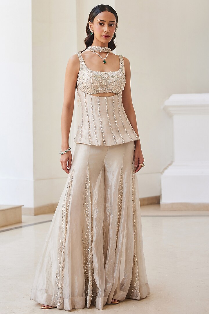 Ivory Gold Pure Silk Tissue Hand Embroidered Pant Set by Sanya Gulati at Pernia's Pop Up Shop