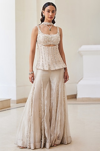 Ivory Gold Pure Silk Tissue Hand Embroidered Pant Set by Sanya Gulati